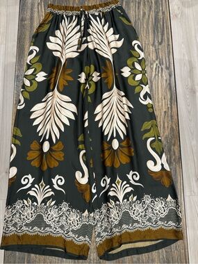 LOLA Made in Italy Floral Palazzo Pants Black Olive Brown Wide Leg NWT Approx M